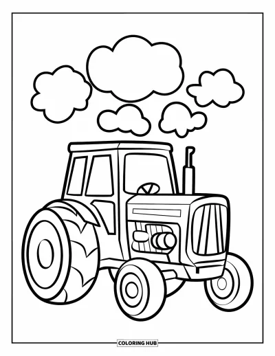 Coloriage Tracteur pour enfants : Un tracteur de profil avec une conception de moteur claire a des bouffées de fumée au-dessus