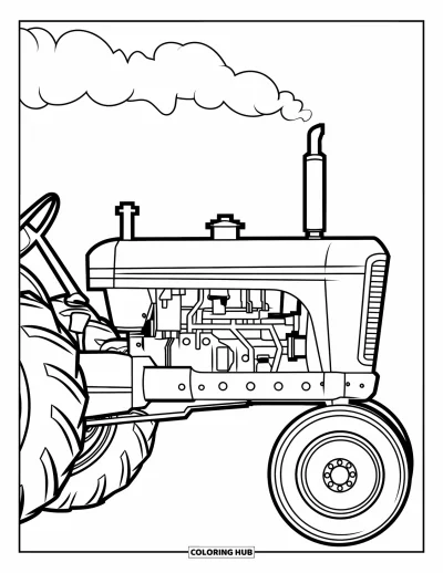 Coloriage de tracteur pour enfants : Un tracteur vu de côté avec un moteur visible crache de la fumée de la cheminée