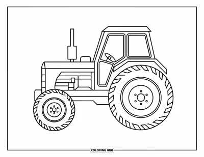 Coloriage Tracteur pour enfants : Un tracteur de profil avec des roues rondes et des boulons repose tranquillement