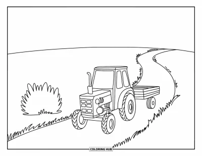 Coloriage de tracteur pour enfants : Un tracteur simple descend un chemin sinueux avec un petit buisson à proximité