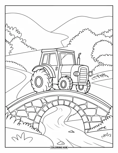 Coloriage Tracteur pour enfants : Un petit tracteur traverse un pont de pierre avec une rivière qui coule et des collines derrière