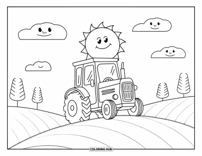 Coloriage de tracteur pour enfants : Un tracteur souriant grimpe une colline avec des nuages joyeux et des collines ondulantes derrière