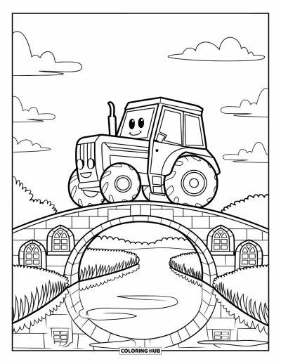 Coloriage de tracteur pour enfants : Un tracteur souriant traverse un pont de pierre au-dessus d'une rivière calme avec des nuages au-dessus