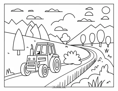 Coloriage de tracteur pour enfants : Un tracteur souriant descend un chemin sinueux bordé d’arbres et avec des montagnes derrière