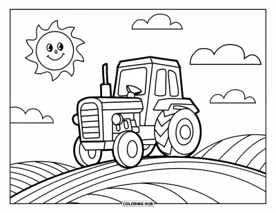 Coloriage de tracteur pour enfants : Un tracteur souriant monte une colline avec un soleil joyeux et des nuages au-dessus