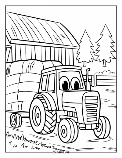 Coloriage de tracteur pour enfants : Un tracteur souriant est garé près d'une grange avec des bottes de foin empilées et une clôture