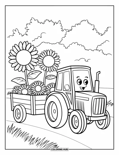 Coloriage Tracteur pour enfants : Un tracteur souriant tire une remorque remplie de tournesols à travers un champ ensoleillé