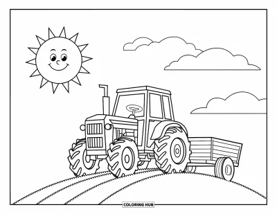 Coloriage de tracteur pour enfants : Un tracteur souriant tire une remorque en haut d’une colline sous un soleil brillant et des nuages