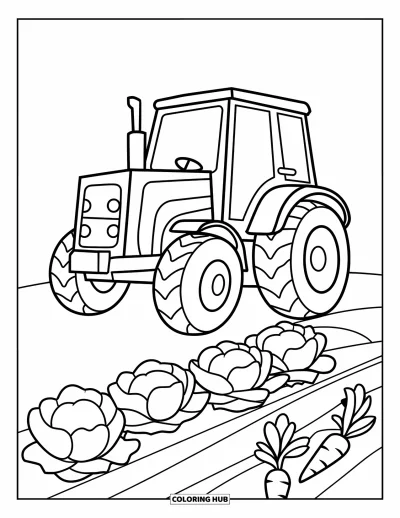 Coloriage de tracteur pour enfants : Un tracteur souriant se trouve près d’un jardin potager avec des choux et des carottes
