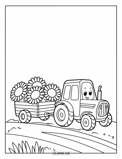 Coloriage Tracteur pour enfants : Un tracteur souriant tire une remorque remplie de tournesols sur un chemin de terre dans un espace ouvert