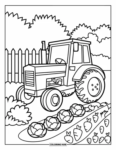 Coloriage de tracteur pour enfants : Un tracteur souriant avec une petite cabine se repose près d'un jardin clôturé avec des arbres derrière
