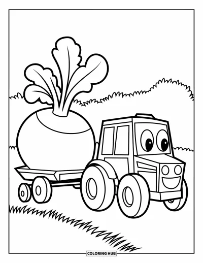 Coloriage de tracteur pour enfants : Un tracteur souriant avec de grandes roues transporte un navet sur une charrette