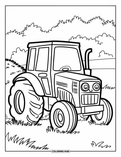 Coloriage de tracteur pour enfants : Un tracteur souriant avec des phares ronds est garé près d’un tas de foin