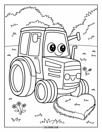 Coloriage de tracteur pour enfants : Un tracteur souriant avec des fenêtres rondes est garé à côté de foin en forme de cœur et de fleurs