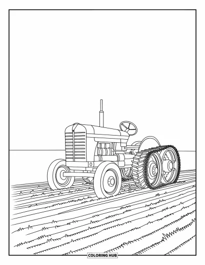 Coloriage de tracteur pour enfants : Un grand tracteur aux larges roues est posé dans un champ plat fraîchement labouré