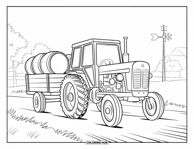 Coloriage de tracteur pour enfants : Un tracteur transporte des barils sur un chemin de terre avec des arbres et une grange à proximité