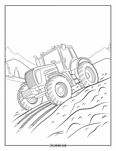 Coloriage de tracteur pour enfants : Un tracteur grimpe une colline rocheuse avec des marques de terre et des sculptures de roues visibles