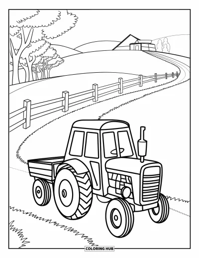 Coloriage Tracteur pour enfants : Un tracteur roule sur un chemin de ferme avec une clôture, des arbres et des collines devant