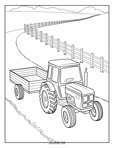 Coloriage de tracteur pour enfants : Un tracteur roule sur un chemin de ferme avec une clôture longeant le bord