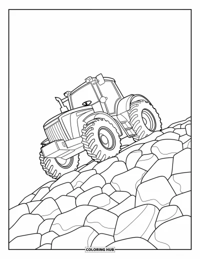 Coloriage Tracteur pour enfants : Un tracteur monte une colline rocheuse avec des bandes de roulement détaillées et un terrain accidenté