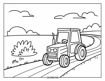 Coloriage Tracteur pour enfants : Un tracteur suit un chemin sinueux avec un buisson et des nuages dans le ciel