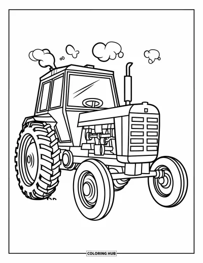 Coloriage de tracteur pour enfants : Un tracteur vu de côté montre son moteur avec de la fumée s’élevant au-dessus