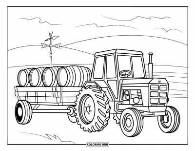 Coloriage Tracteur pour enfants : Un tracteur transporte des barils avec une girouette et une scène de ferme simple en arrière-plan