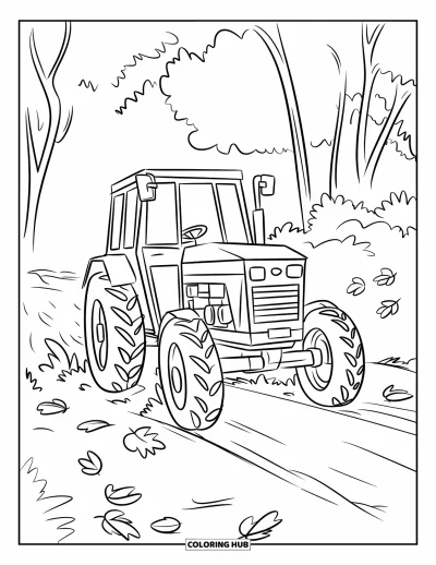 Coloriage de tracteur pour enfants : Un tracteur se dirige vers une clairière entourée d’arbres et de feuilles éparses