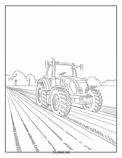 Coloriage de tracteur pour enfants : Un tracteur en mouvement laboure un champ avec des arbres au loin