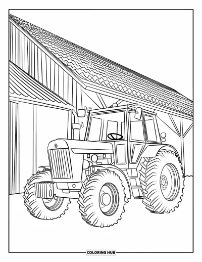 Coloriage Tracteur pour enfants : Un tracteur est garé près d’une grande grange avec des tuiles et des poutres en bois