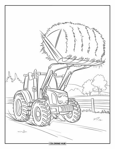 Coloriage Tracteur pour enfants : Un tracteur soulève du foin haut avec un chargeur frontal près des arbres et d’une clôture