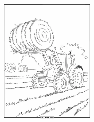Coloriage de tracteur pour enfants : Un tracteur soulève du foin avec un chargeur frontal dans un champ avec des bottes de foin autour
