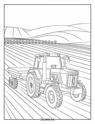 Coloriage Tracteur pour enfants : Un tracteur laboure un champ avec des rangées de cultures et des collines au loin