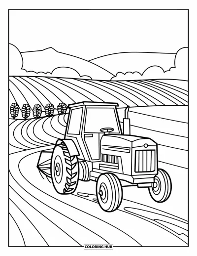 Coloriage Tracteur pour enfants : Un tracteur laboure un champ avec des lignes courbes et des collines en arrière-plan