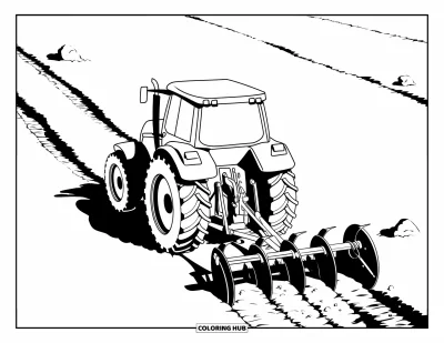 Coloriage Tracteur pour enfants : Un tracteur laboure un sol accidenté avec des traces de pneus et des roches éparpillées à proximité