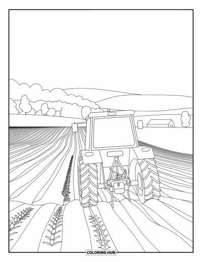 Coloriage de tracteur pour enfants : Un tracteur laboure le sol avec des traces de roues visibles et des rangées de cultures derrière