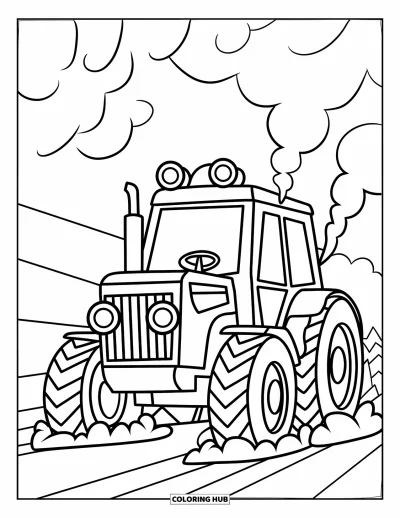 Coloriage Tracteur pour enfants : Un tracteur laboure la neige avec de la vapeur qui s’élève au-dessus