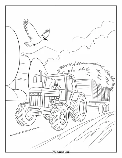 Coloriage de tracteur pour enfants : Un tracteur tire une remorque de foin devant des arbres et une maison avec un oiseau volant au-dessus