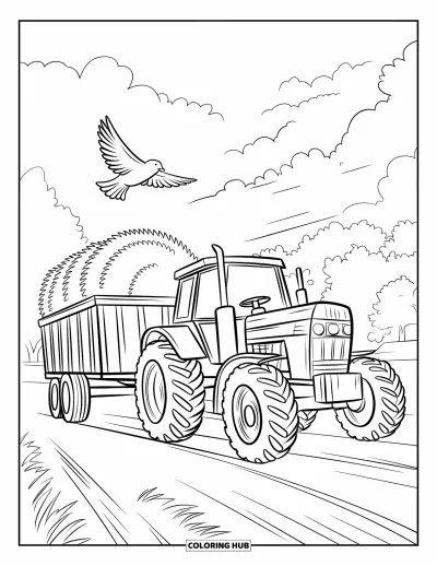 Coloriage de tracteur pour enfants : Un tracteur tire une remorque de foin sous un ciel nuageux avec des arbres en arrière-plan