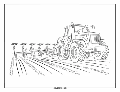 Coloriage de tracteur pour enfants : Un tracteur tire une charrue lourde à travers un sol accidenté dans un champ
