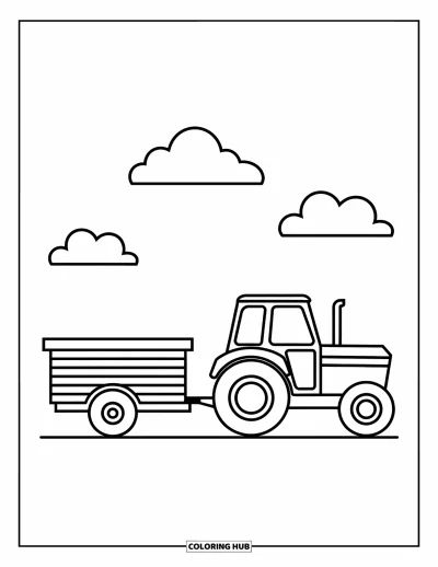 Coloriage de tracteur pour enfants : Un tracteur tire une petite remorque vide avec trois nuages au-dessus