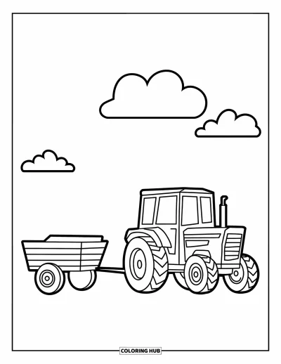 Coloriage de tracteur pour enfants : Un tracteur tire une petite remorque avec trois petits nuages au-dessus