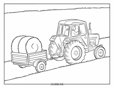 Coloriage de tracteur pour enfants : Un tracteur tire une minuscule remorque avec une botte de foin à travers un champ herbeux