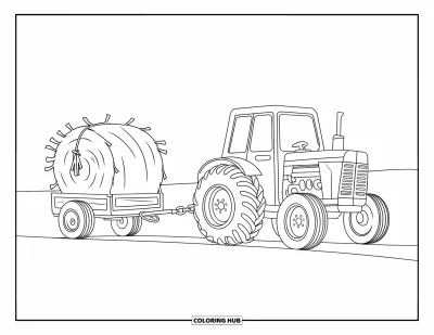 Coloriage de tracteur pour enfants : Un tracteur tire une minuscule remorque avec une botte de foin attachée avec de la ficelle