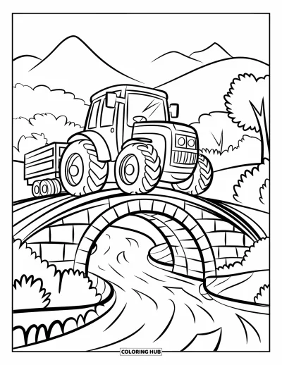 Coloriage Tracteur pour enfants : Un tracteur tire une remorque sur un pont de pierre avec des montagnes et des arbres autour