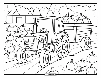 Coloriage Tracteur pour enfants : Un tracteur tire une remorque à travers un champ de citrouilles avec des citrouilles éparpillées