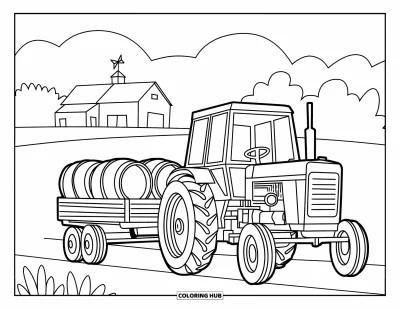 Coloriage de tracteur pour enfants : Un tracteur tire un wagon de barils avec une ferme et une girouette au loin
