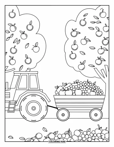 Coloriage Tracteur pour enfants : Un tracteur tire un wagon de fruits avec des arbres et des fruits tombés autour