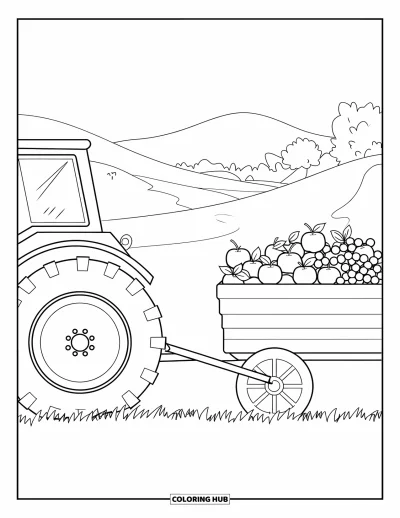 Coloriage de tracteur pour enfants : Un tracteur tire un wagon de fruits de la récolte à travers une campagne herbeuse avec des arbres