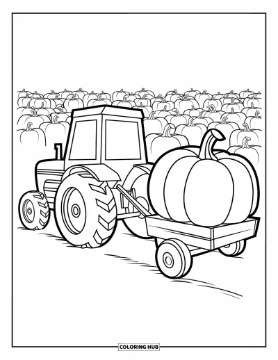Coloriage de tracteur pour enfants : Un tracteur tire un wagon avec une grosse citrouille à travers un champ de citrouilles